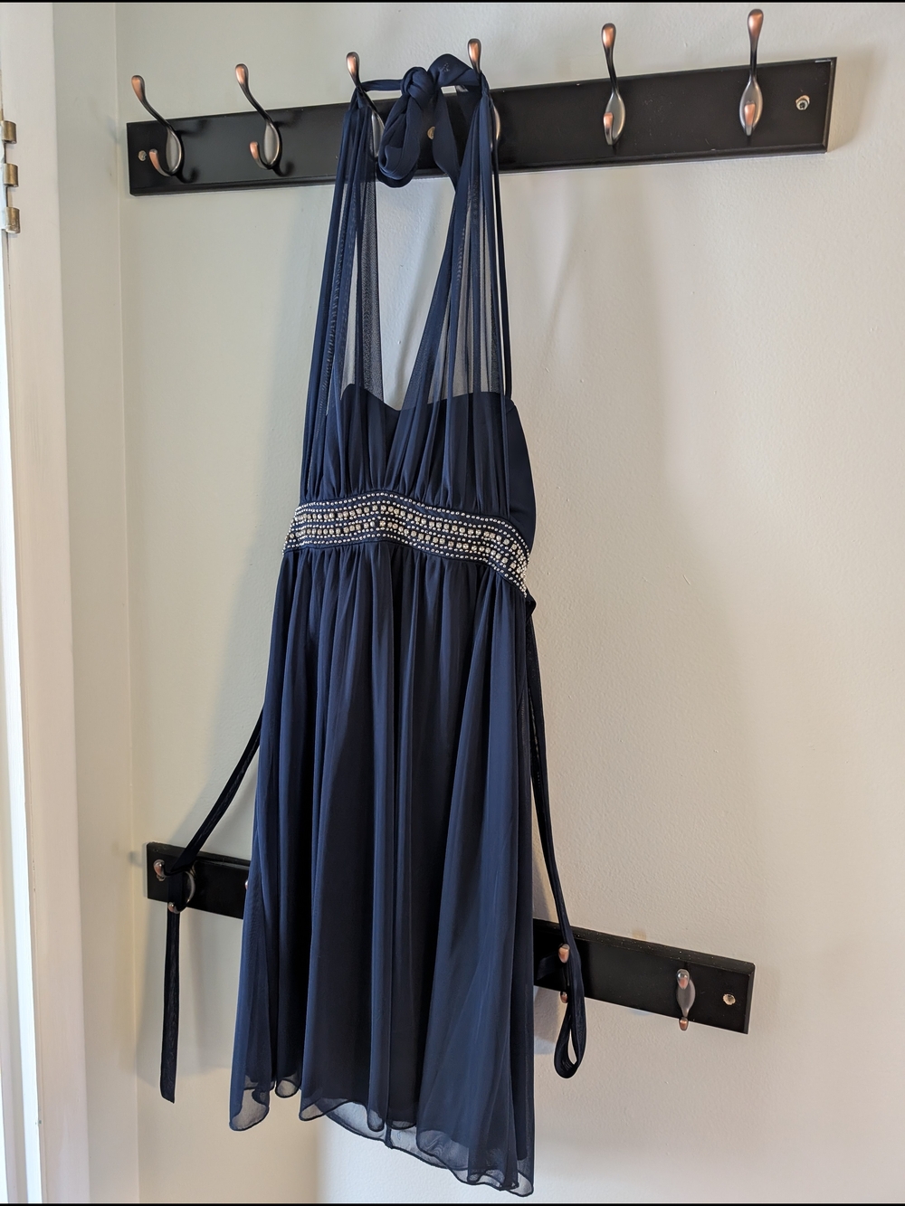 City Triangles Navy Chiffon Prom Dress with Beaded Waist
